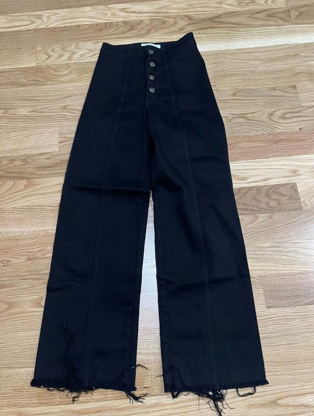 Reformation Leon High-Rise Button-Fly Black Straight Leg Jeans with Raw Hem